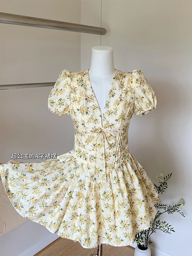 Summer French Retro Short Sleeve V-Neck Prom Gown Mini Floral Old Money Dress Women Cottage Core Frocks One-Piece Evening Party