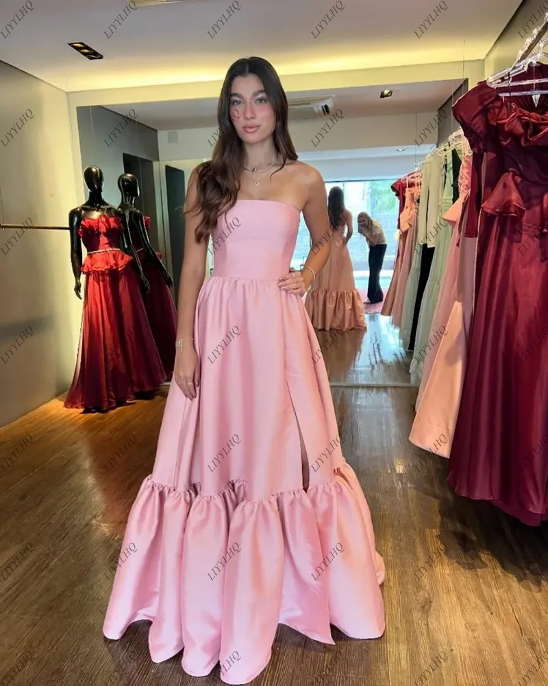 

Simple Graceful Light Pink Prom Dresses Strapless Tiered Floor-Length Graduation Party Gown Popular Satin Birthday Robes de Soir