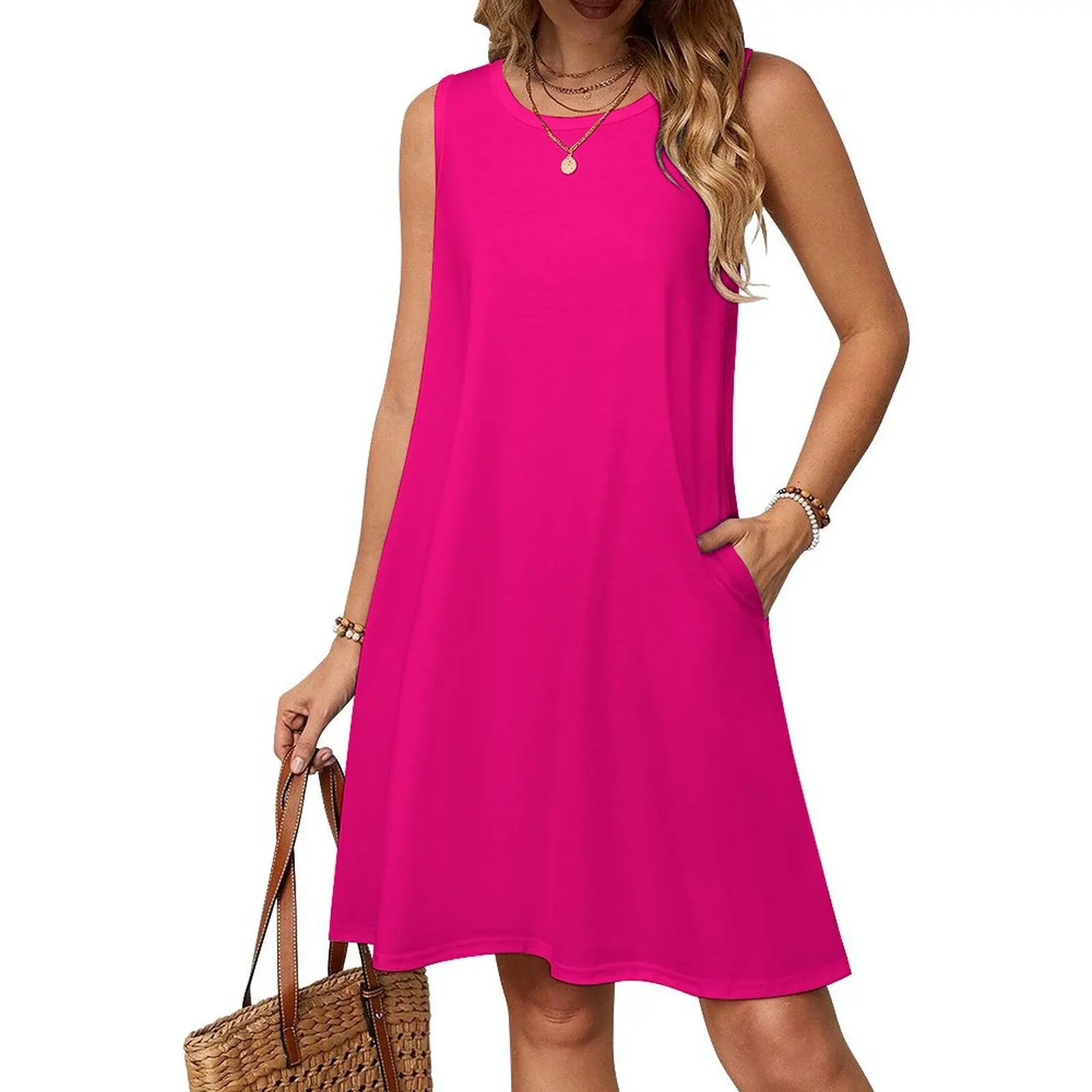 فستان وردي ساخن بأقل سعر على الموقع على شكل قلب فستان أنيق للحفلات الصيفية للنساء لون بسيط سادة