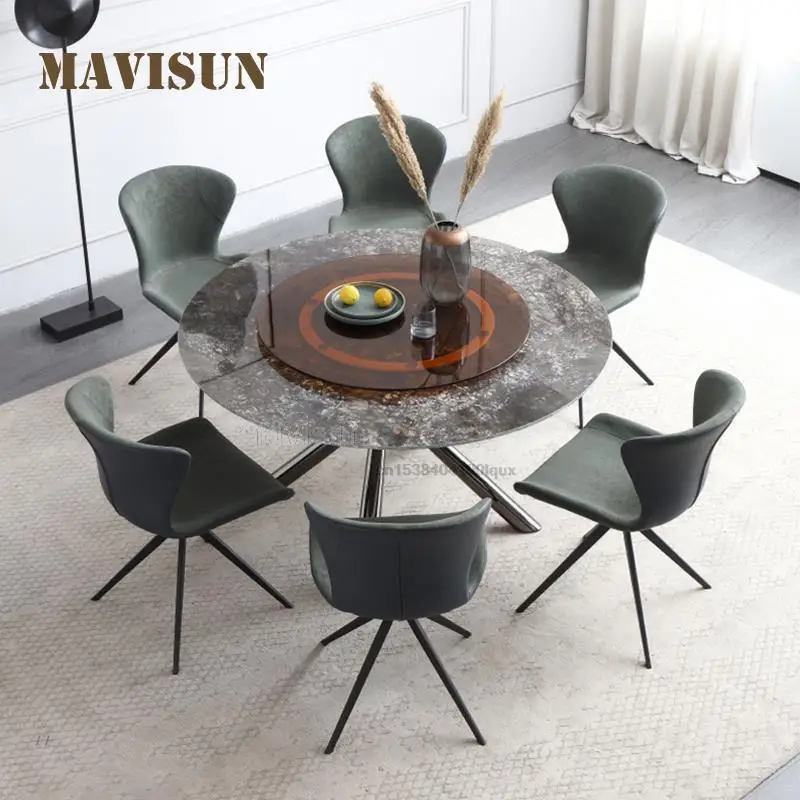 

Italian High-End Custom Slate Round Table With Glass Turntable Modern Home Small Apartment Design Dining Table Kitchen Furniture