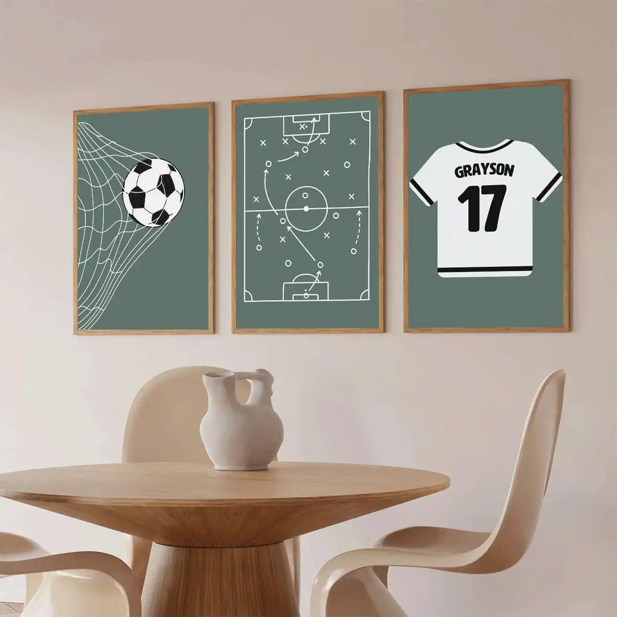 اسم ورقم مخصص لوحة فنية جدارية مخصصة بطابع كرة القدم، أخضر ناعم، مجموعة ملصقات قابلة للطباعة مكونة من 3 قطع، ديكور المنزل والنادي