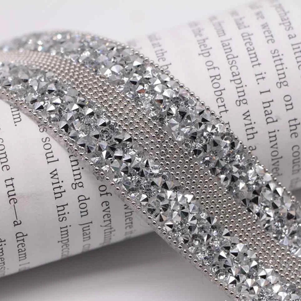 20cm Long Iron On Rhinestone Tape Silver Hotfix Gemstone Lace Trim Hot Drilling Beaded Chain Ribbons Bridal Dress Belt Banding