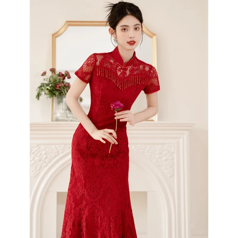 Red Retro Cheongsam Fashion Standing Neck Tassel Lace Qipao Chinese Traditional Dress Elegant Fish Tail Bride Toast Clothes