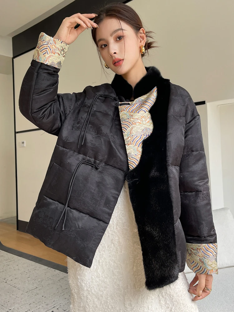 

High-end Real Mink Fur Collar Goose Down Jackets for Women 2024 New Trend Vintage Simple Warm Fluffy Winter Down Coat