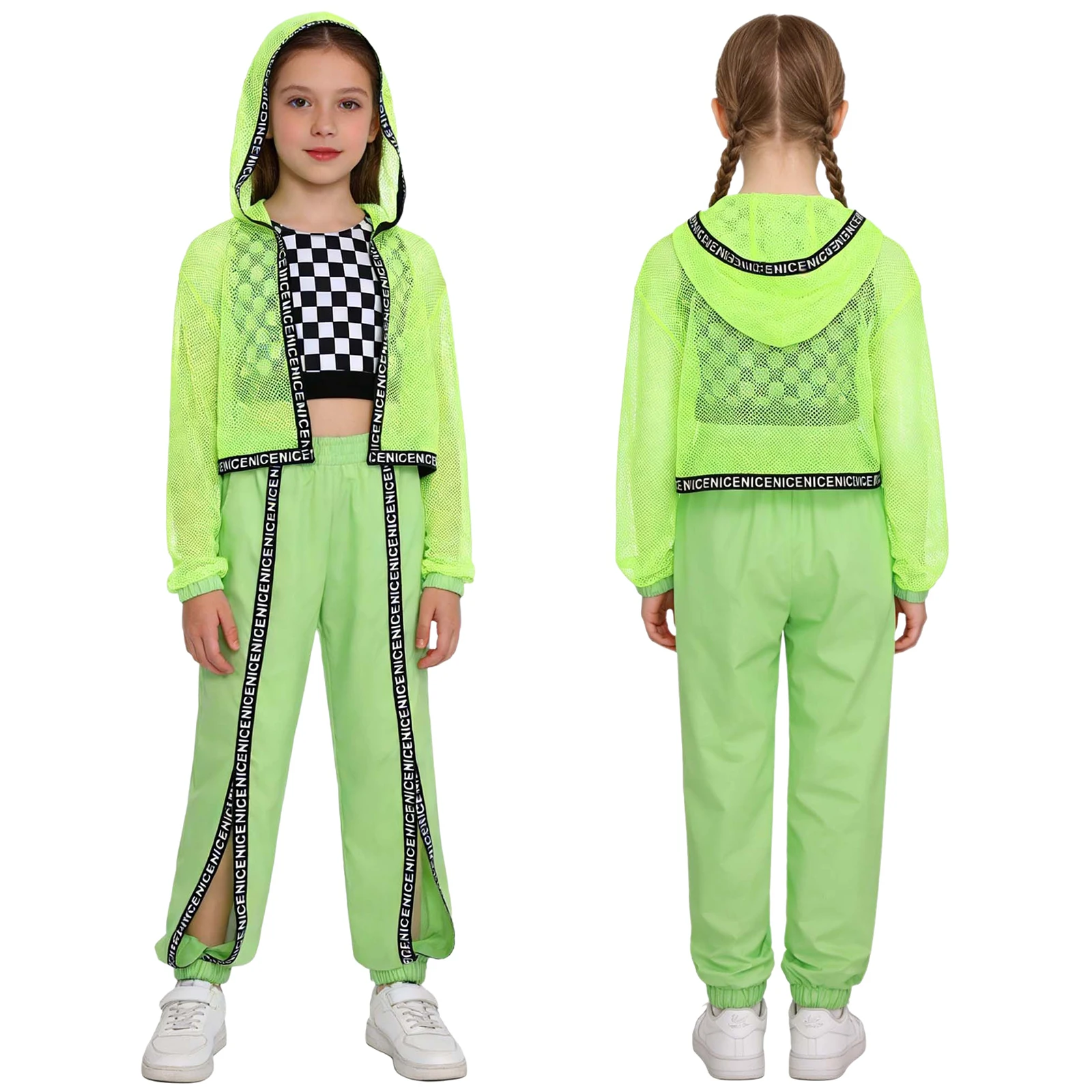 

Детские наряды для выступлений в стиле хип-хоп, джаз, уличные танцы, сценические наряды, клетчатая майка + ажурная верхняя одежда с капюшоном + брюки, комплекты