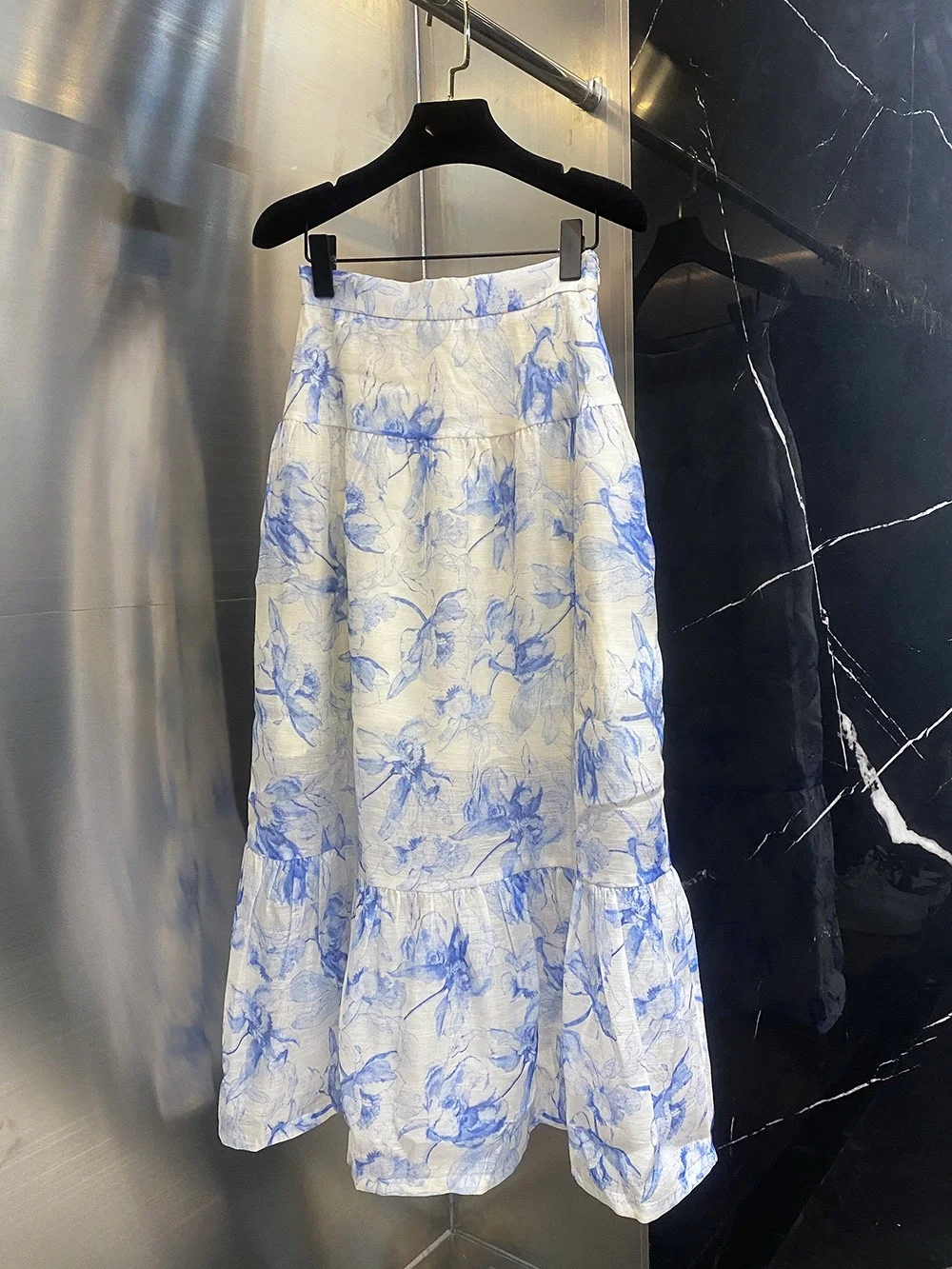 

Ele Blue Floral Print Long Skirt Women's High Waist A-Line Midi Skirt Faionable Commute Sle Comfortable Polyester Cotton