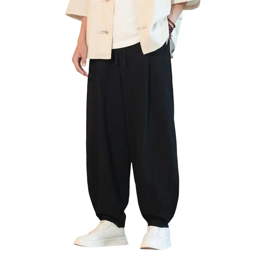 

Loose-fitting Bloomers Men Summer Pants Versatile Men's Long Pants with Elastic Waist Side Pockets Ankle-banded Design