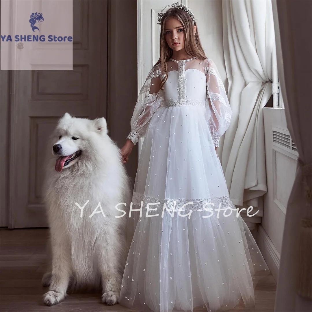 Lace A-Line Long Puff Sleeves Kid Birthday Spot Tulle Flower Girl Dress Formal Party Gown Infant Toddler Teens Floor-Length Fir