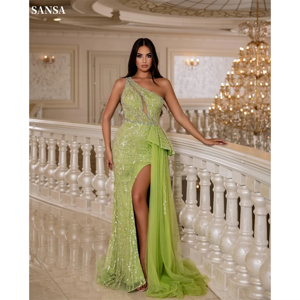 

Sansa индивидуальное зеленое платье для выпускного вечера с разрезом по бокам и блестящими пайетками, асимметричное платье на одно плечо, Vestidos De Noche, вечернее платье со шлейфом