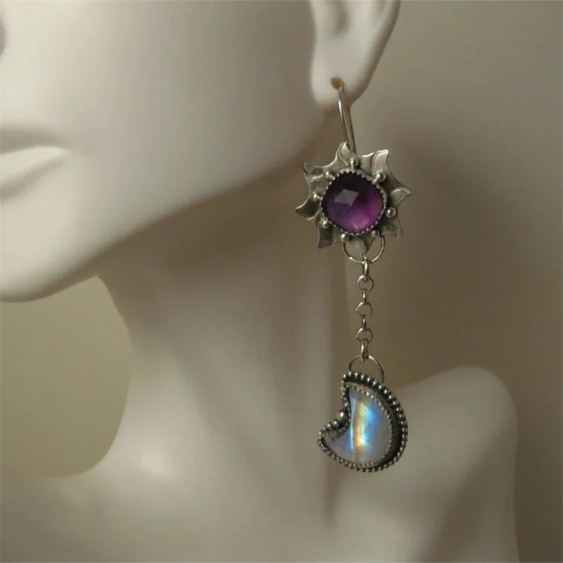 Vintage Round Purple Stone Flower Earrings Originality Silver Color Carving Moon Stickers Dangle Earrings for Women