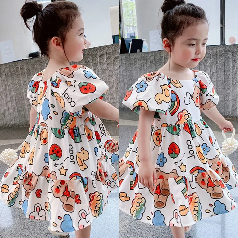 

Girls' dress with cartoon doll and rainbow puff sleeves, princess dress26New summer children's clothing wholesale