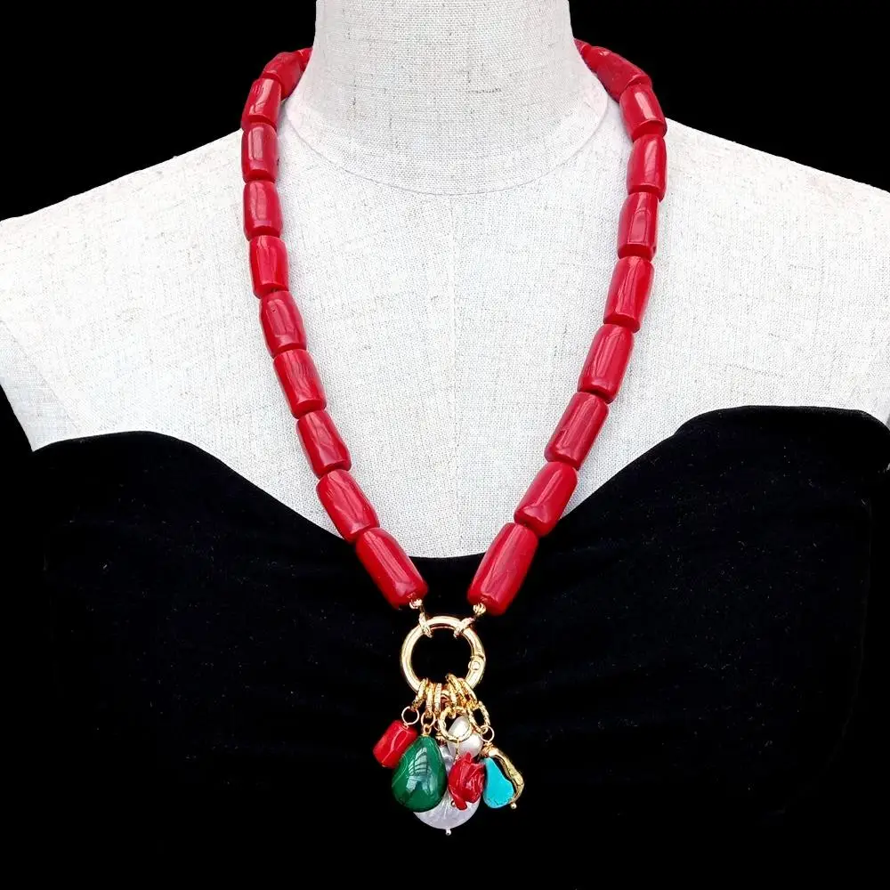 

Y·YING Red Coral Necklace Cultured White Coin Pearl Turquoise Malachite Charm Pendant Gemstone Necklaces For Women