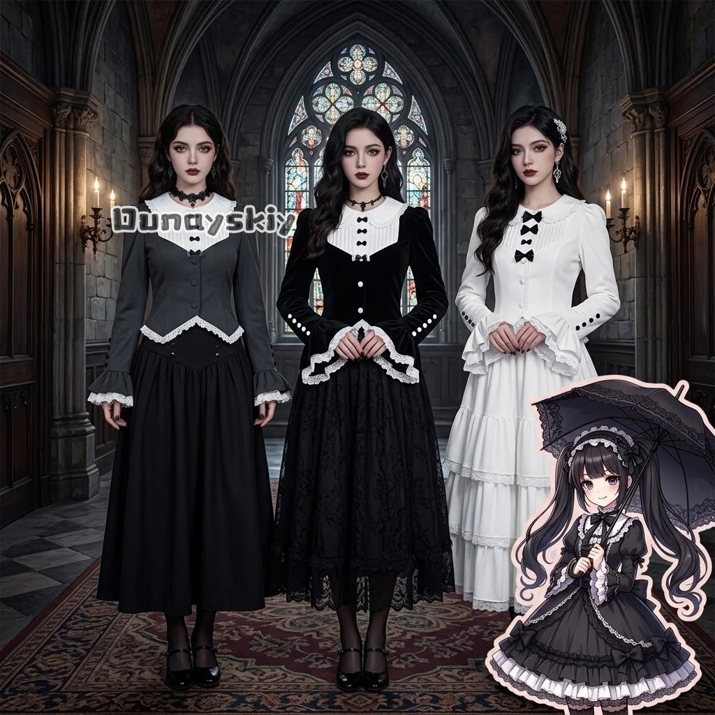 KS*09​​dimmoire Dark Gothic Blouse With Bow Decor Pan Collar Lace Color Preppy Top Alt Aesthetic Sweet Cool Daily Wear Vintage