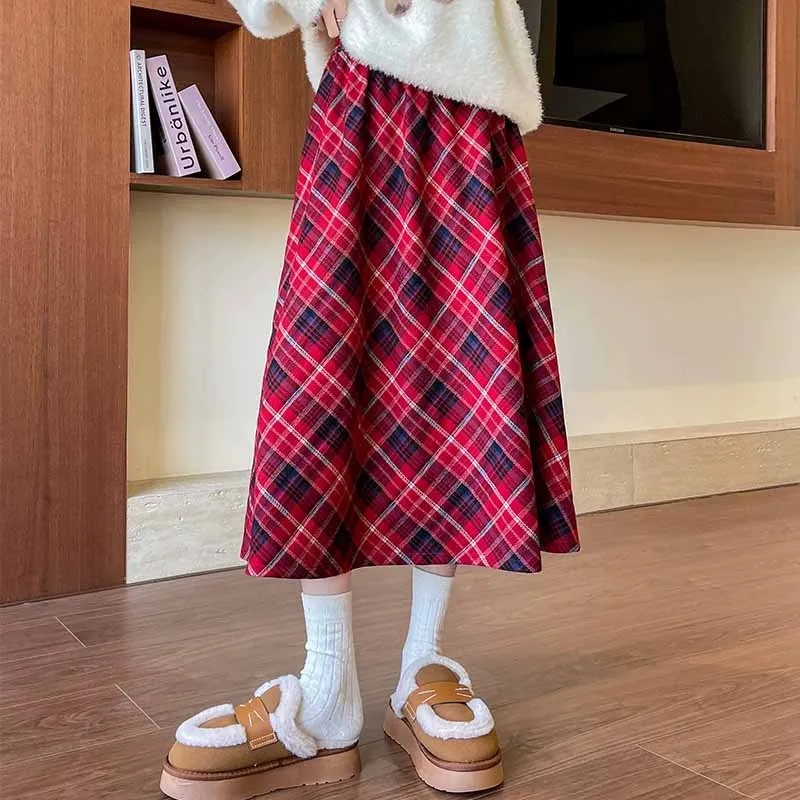 Fall Winter Vintage Checked A-Line Skirts Female Woolen Thick High Waist Long Skirt for Woman Korean Street Pleated Plaid Skirts