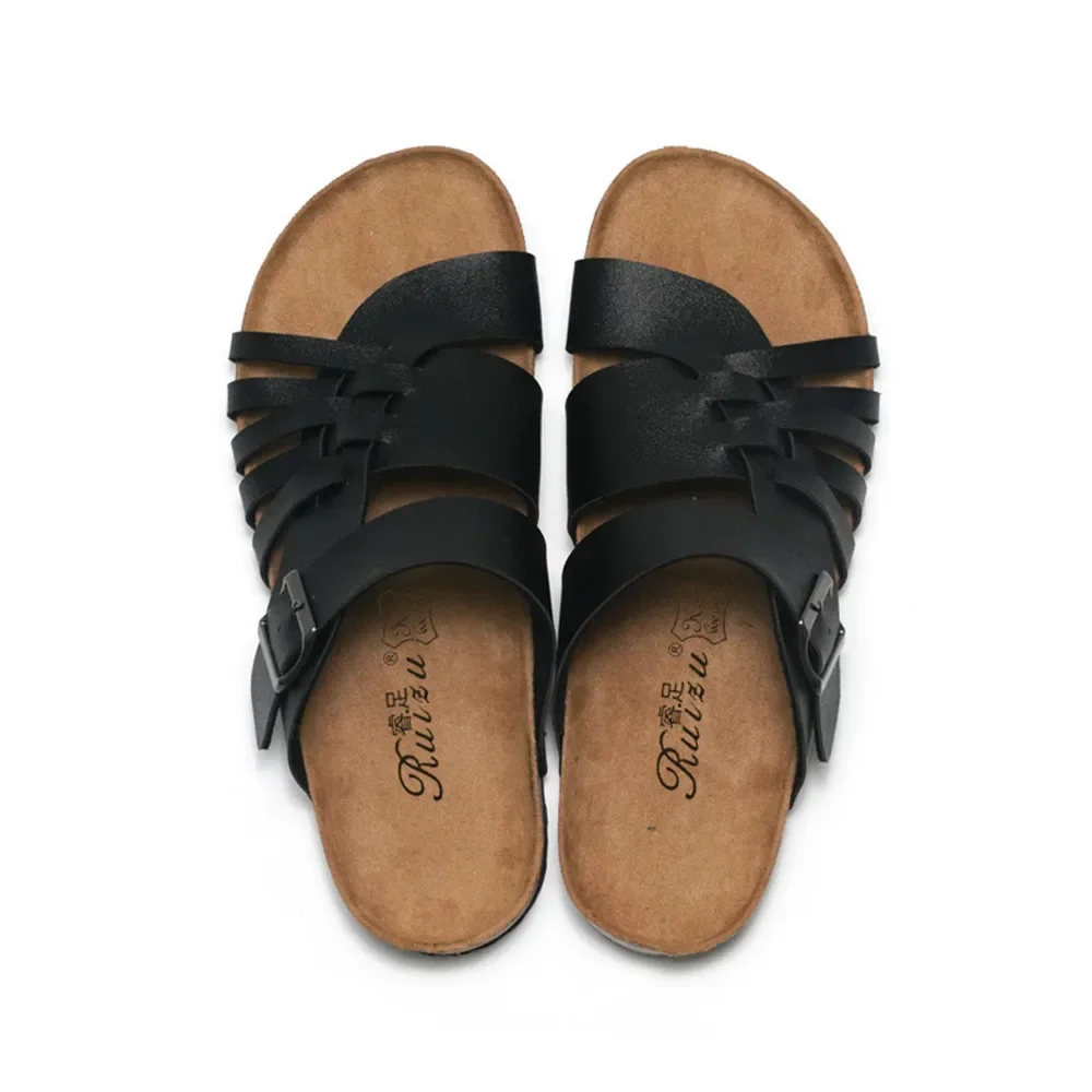 2024 New Fashion Cork Slipper Men Woven Sandals Summer Casual Beach Shoes Unisex Non-slip Outside Cut-Outs Slip On Slides Black