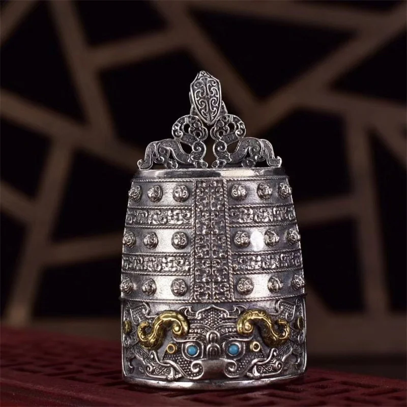 Vintage Rlief Musical Instrument Chime Bells Pendant Men Jewelry Ethnic Style Divine Beast Gluttony Necklace Male Accessories