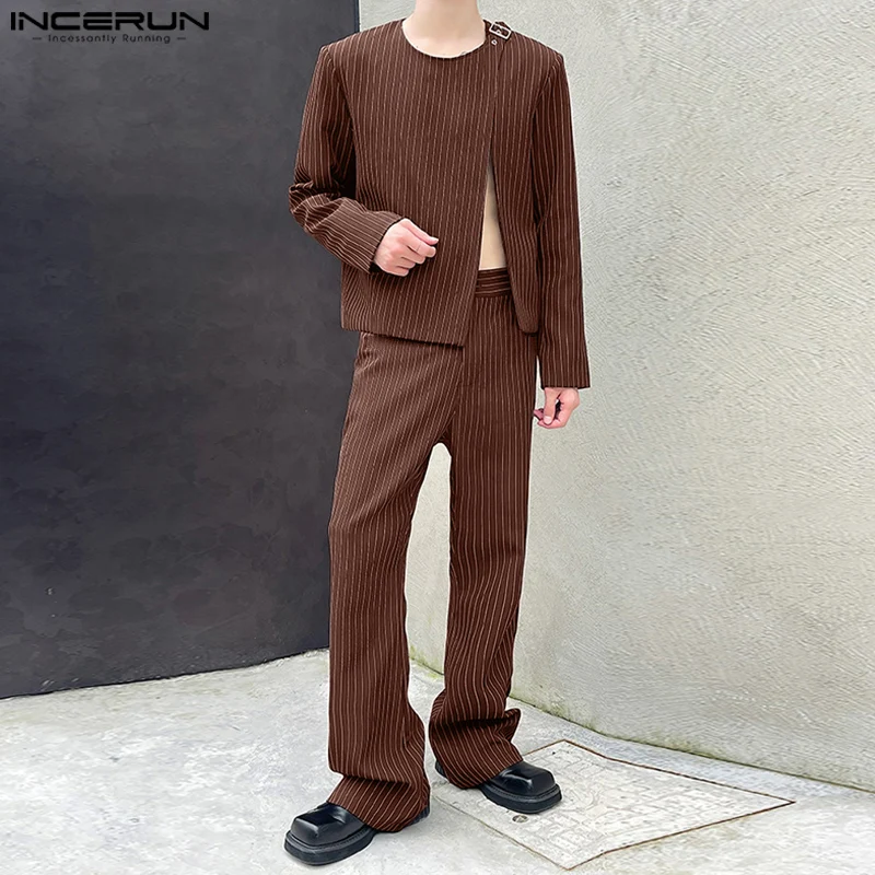 2024 INCERUN Men Casual Solid Color Sets Striped O-neck Long Sleeve Suits Split Sexy Loose Tailored Suit Korean Fashion Wear