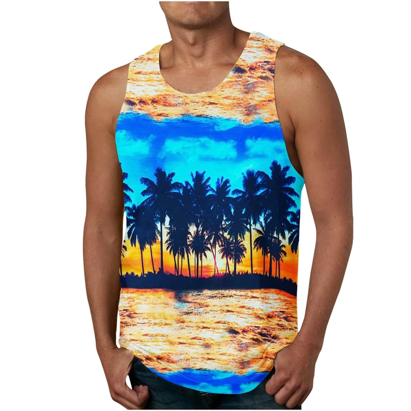 Summer Coconut Tree 3D Printed Hawaiian Beach Tank Tops Men\'s Casual Fashion Vest Oversized Sleeveless Tank Top Gym Man Clothing