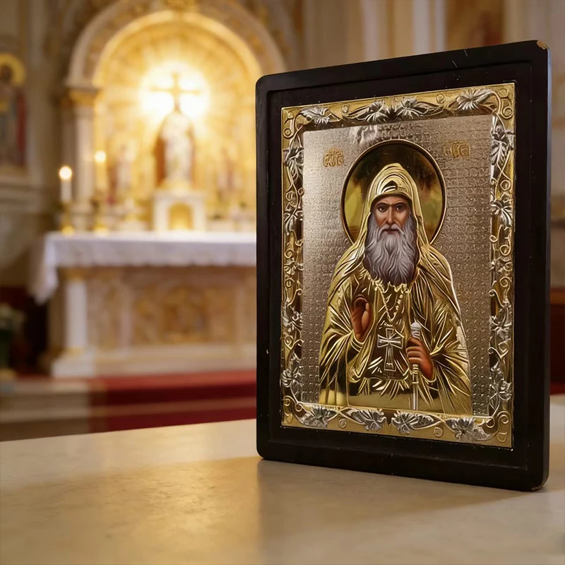 

Gold Silver Plated Orthodox Catholic Saint Icon with Wooden Frame for Church Liturgy Home Altar Prayer Devotion Christian Gift