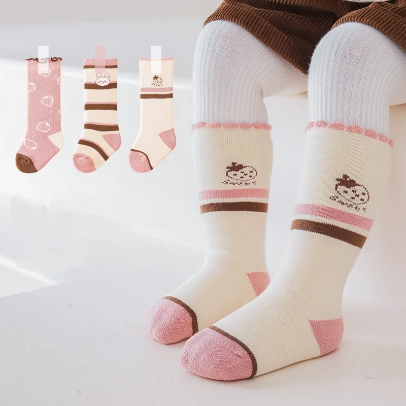 

3Pairs/Set Baby Socks Autumn Winter Warm Infant Toddler Long Socks For Girls Boys Cute Cartoon Striped Cotton Kids Socks 0-4Year