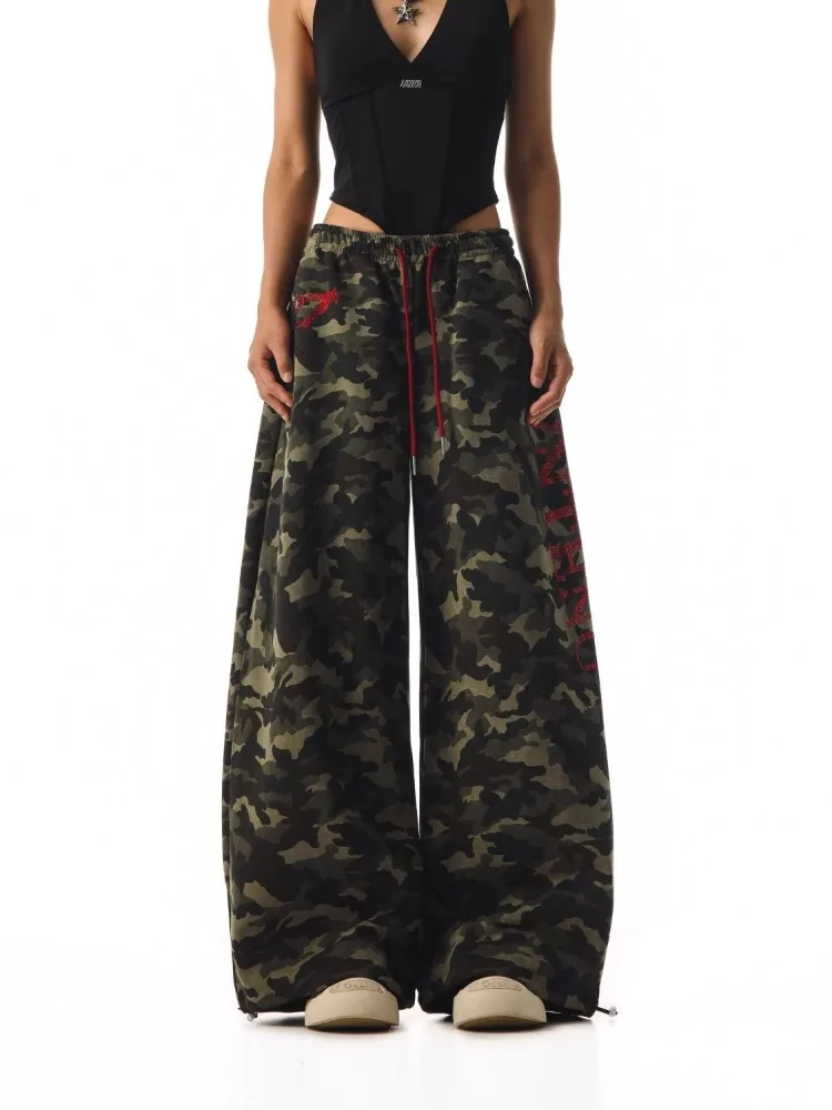 Women's Red Letter Pattern Camouflage Pants Spring Unisex Bottoms Girl Wide Leg Trousers Female High Waisted Baggy Sweatpants