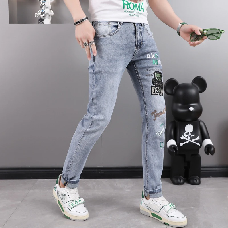 EH·MD® Bag Diamond Embroidered Jeans Man Bear 3D Logo Embellished Light Blue High Street Fashion Zipper Slim Pencil Pants White