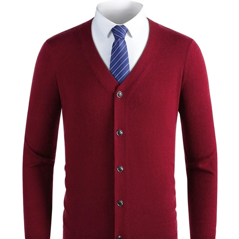 Top Grade 100% Wool Men for Cardigans 2023 New Spring and Autumn Business Casual Classic V-Neck Solid Color Knitted Cardigan