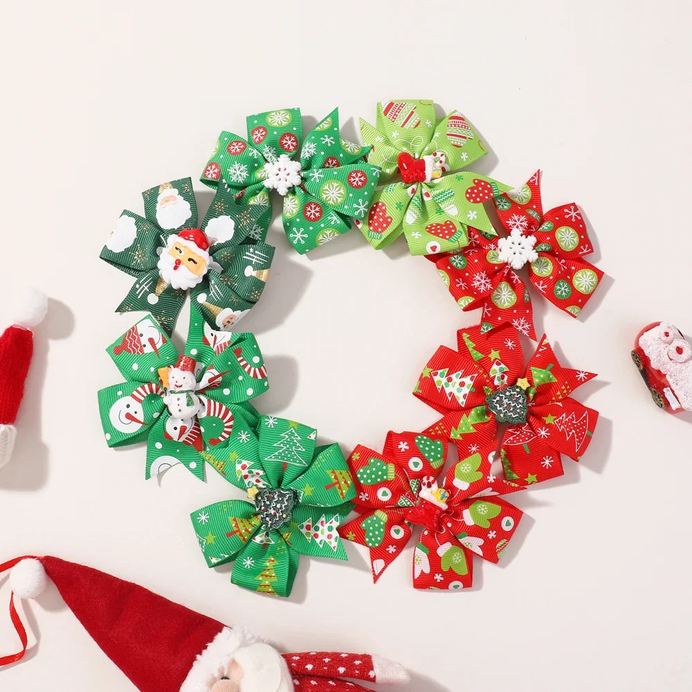

4pcs 3.15'' Grosgrain Ribbon Christmas Hair Bows Clips Set for Baby Girls Cute Snowflakes Printed Hairpin Cheer Headwear