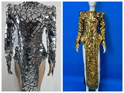 Silver Gold Laser Mirror Evening Long Dress Sexy Dancer Singer Performance Drag Queen Costume Nightclub Party Show Stage Wear