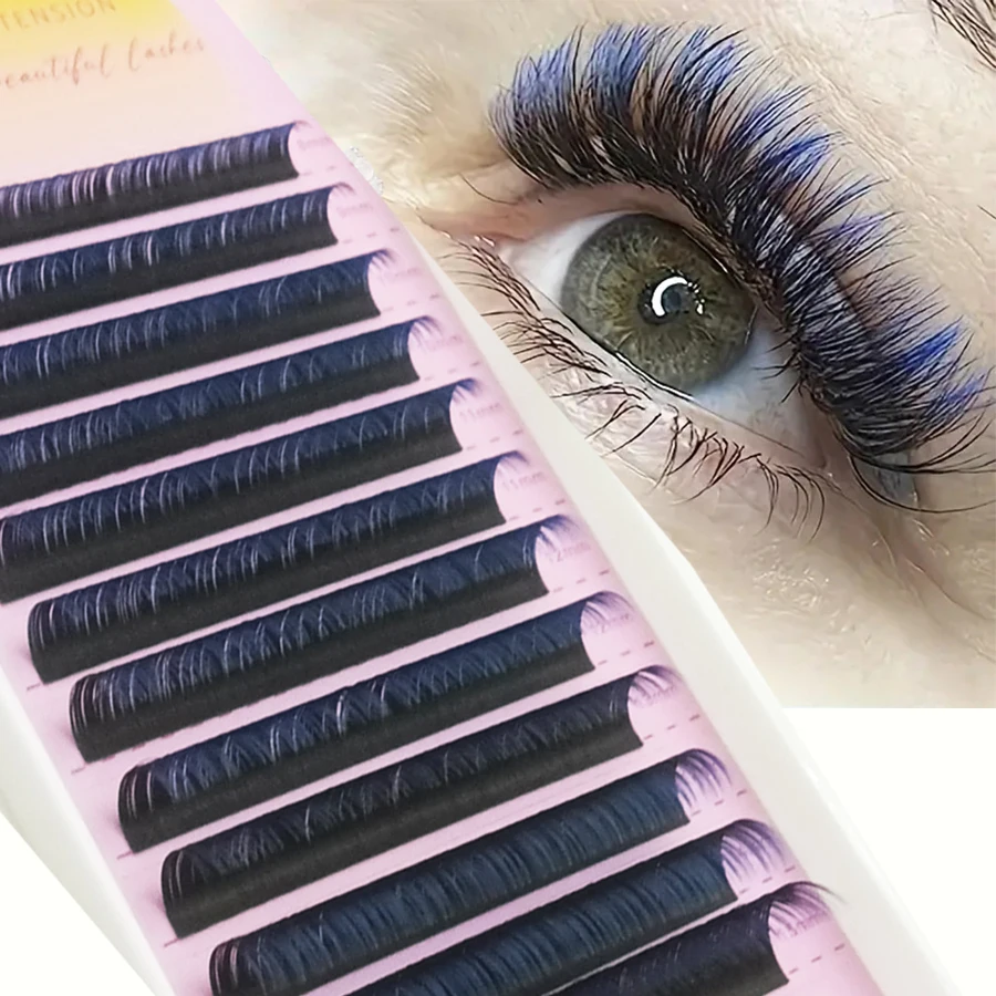 Set de Pestañas Postizas de 12 Filas Color Azul YY - Abanicos de Volumen Pre-Hechos Mango Eye, D-roll Esponjosas Naturales, Longitud Mixta 8-15mm, Impresionantes