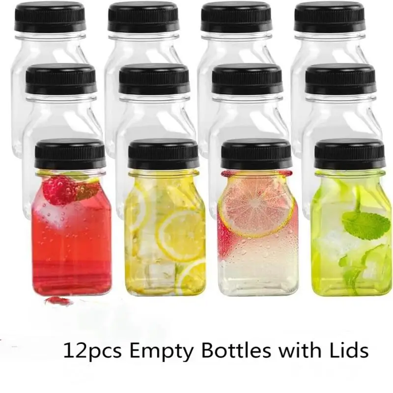 12Pc 60ml Empty Drink Bottles with Black Lids Plastic Tamper Proof Drink Containers Reusable Juice Milk Split Beverage Bottles