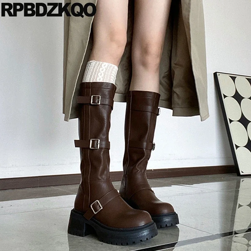 Belts Biker Cowhide Round Toe Genuine Leather Motorcycle Block Tall Slip On Brown Women Long Boots Shoes Fall Strappy Knee High