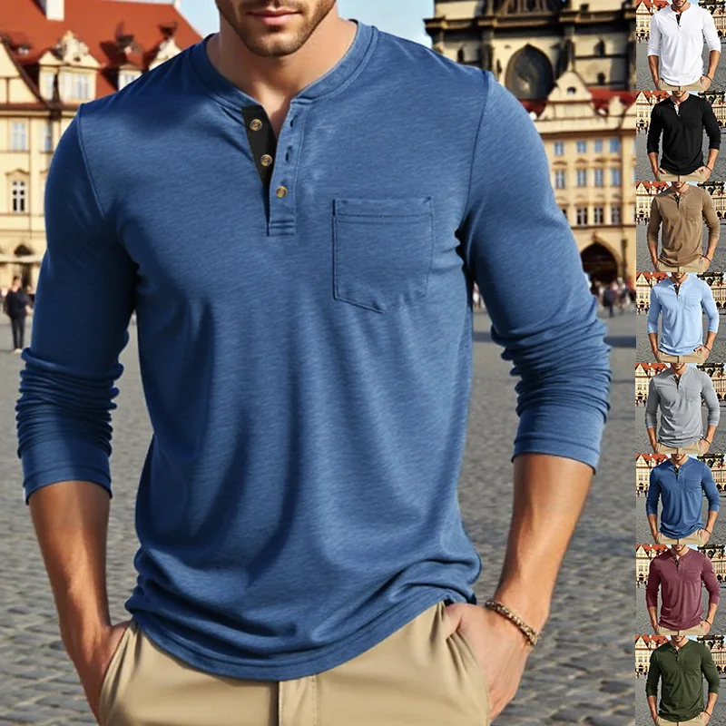 Cross-border European Size Long-sleeved Men's T-shirt Colored Cotton Casual Retro Henry Shirt Long-sleeved Bottoming Shirt