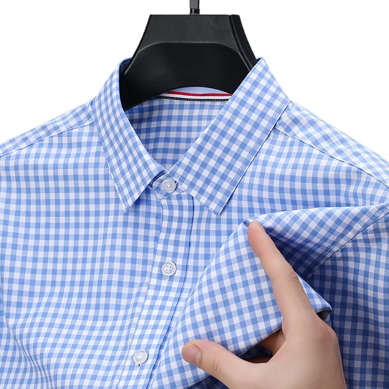 

Light blue autumn new men's long sleeve small plaid shirt casual cotton lapel shirt men's shirt, men's wholesale.