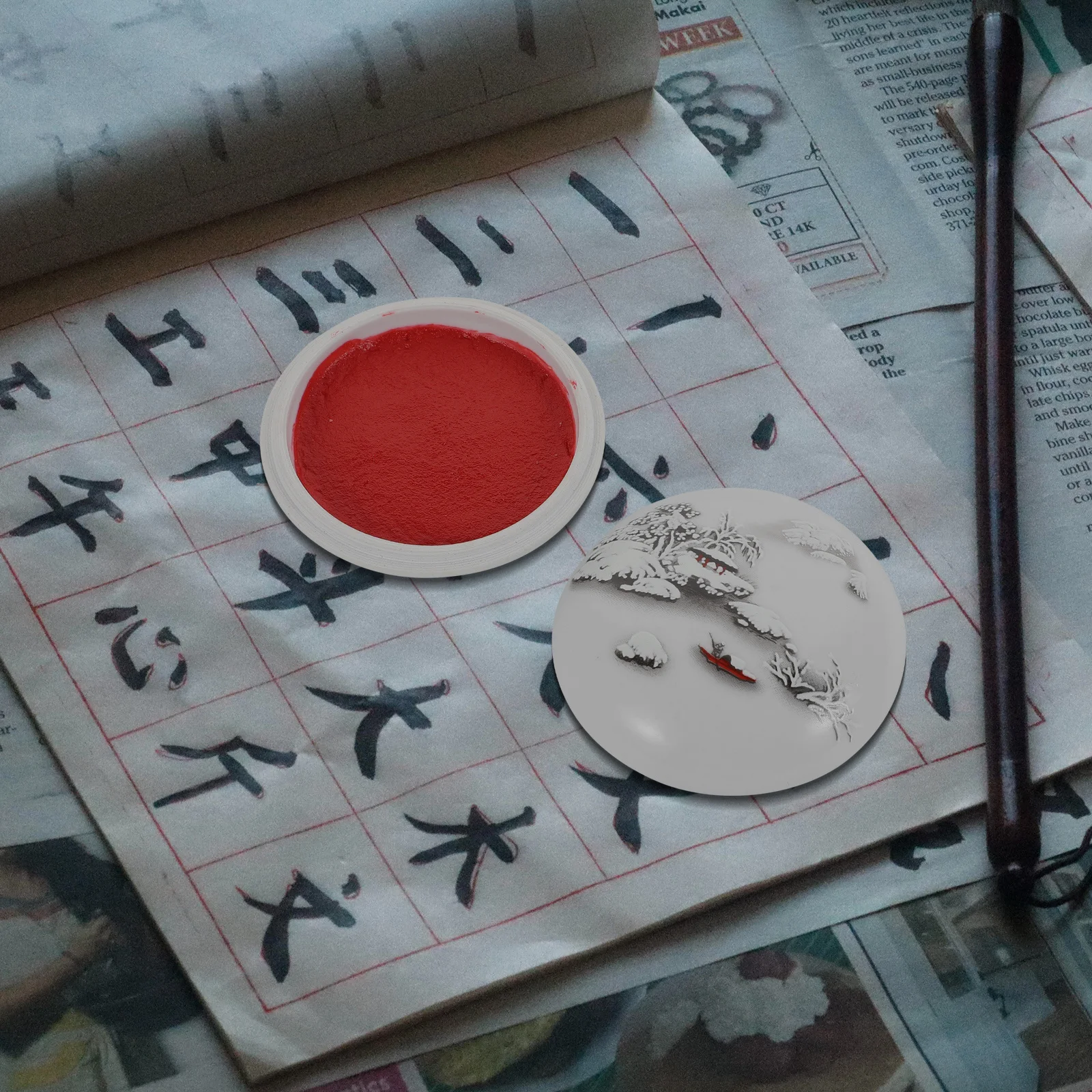 1pc Premium Ink Pad Multi-Purpose Chinese Calligraphy Supply Red Inkpad With Ceramic Box For Diy Painting Craft Scrapbook