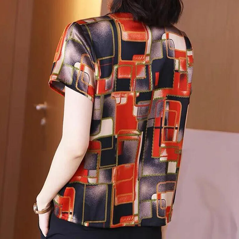 Summer All-match Printing Turn-down Collar Short Sleeve Blouse Women Clothes Fashion Buttons Shirts Ladies Elegant Patchwork