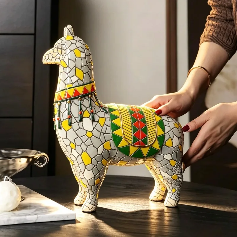 Mosaic Alpaca Statue Resin Llama Figurine Boho Ethnic Animal Sculpture Home Living Room Cabinet Tabletop Decor Ornament Gift