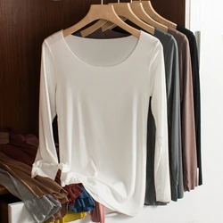 Modal round Neck Base Shirt Women's Seamless Long Sleeve Thin Pure Color Slim Fit Spring Autumn T-shirt Inner Wear Commute Style