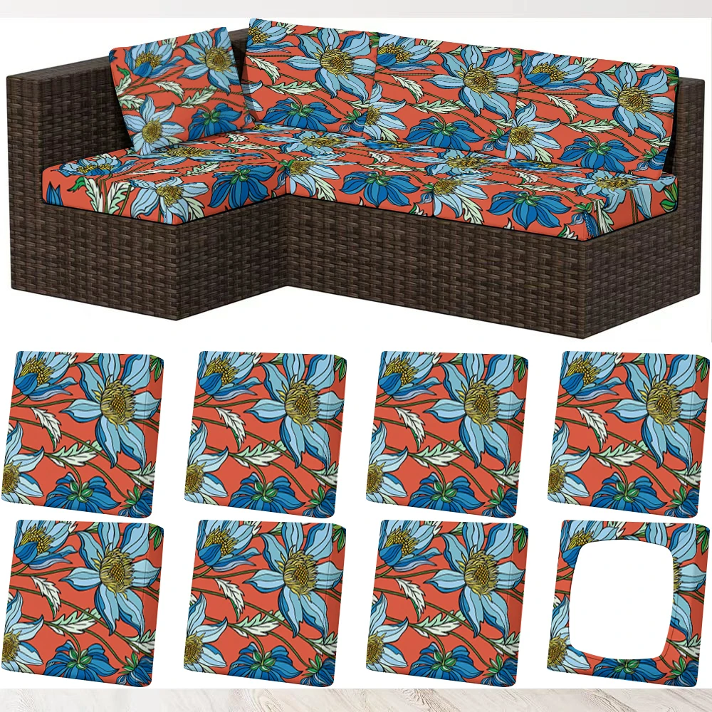 Summer Outdoor Sofa Cover with Blue Floral Print on Red, Milk Silk Fabric, Pet - Friendly, Washable Without