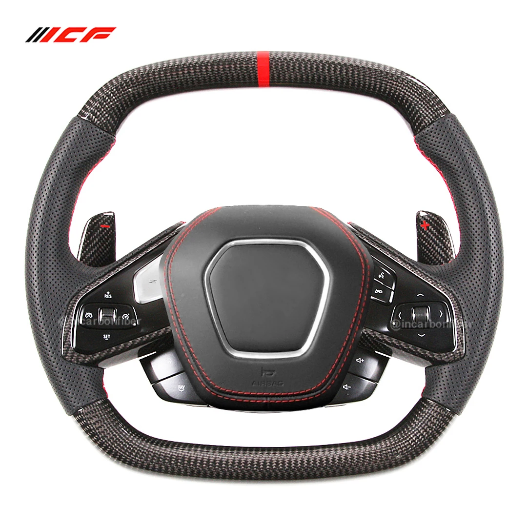 ICF Real Carbon Fiber Steering Wheel For Chevrolet C8 Corvette Z51 Z06 2020 2021 2022 2023 2024 Heated Leather Racing Wheel