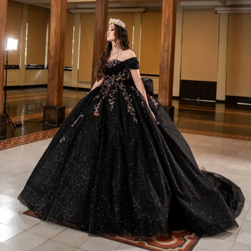 

Черное блестящее платье Quinceanera, бальное платье с открытыми плечами и блестками, аппликация, кружево, бисер, тюль, вечерние, день рождения, милое платье 16, Vesti