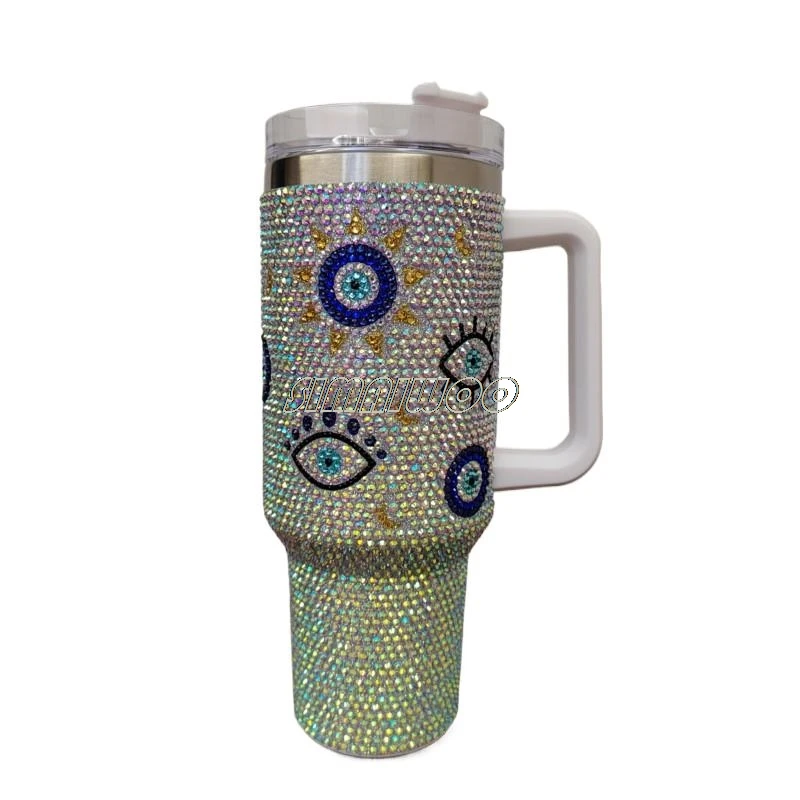 Bling Evil Eye Tumbler Customize Name Rhinestone Stainless Steel Straw Water Bottle 700ml Turkish Eye Thermos Bottles Coffee Mug