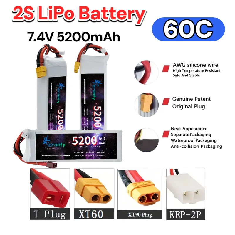 

2S Lipo 7.4V 5200MAH Battery 60C For RC Drones Quadcopter Helicopter Boat Spare Batteries With Deans T XT60 XT90 Connector