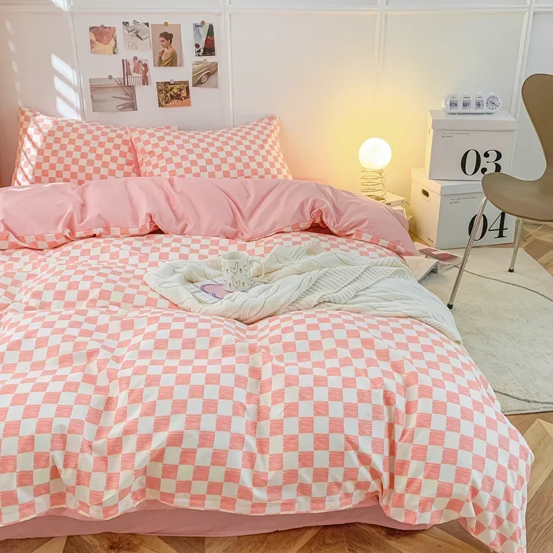 Pink White Plaid Duvet Cover Women Men Checkerboard Grid Bedding Cover Sets Boys Girls Modern Geometric Quilt Covers for Bedroom