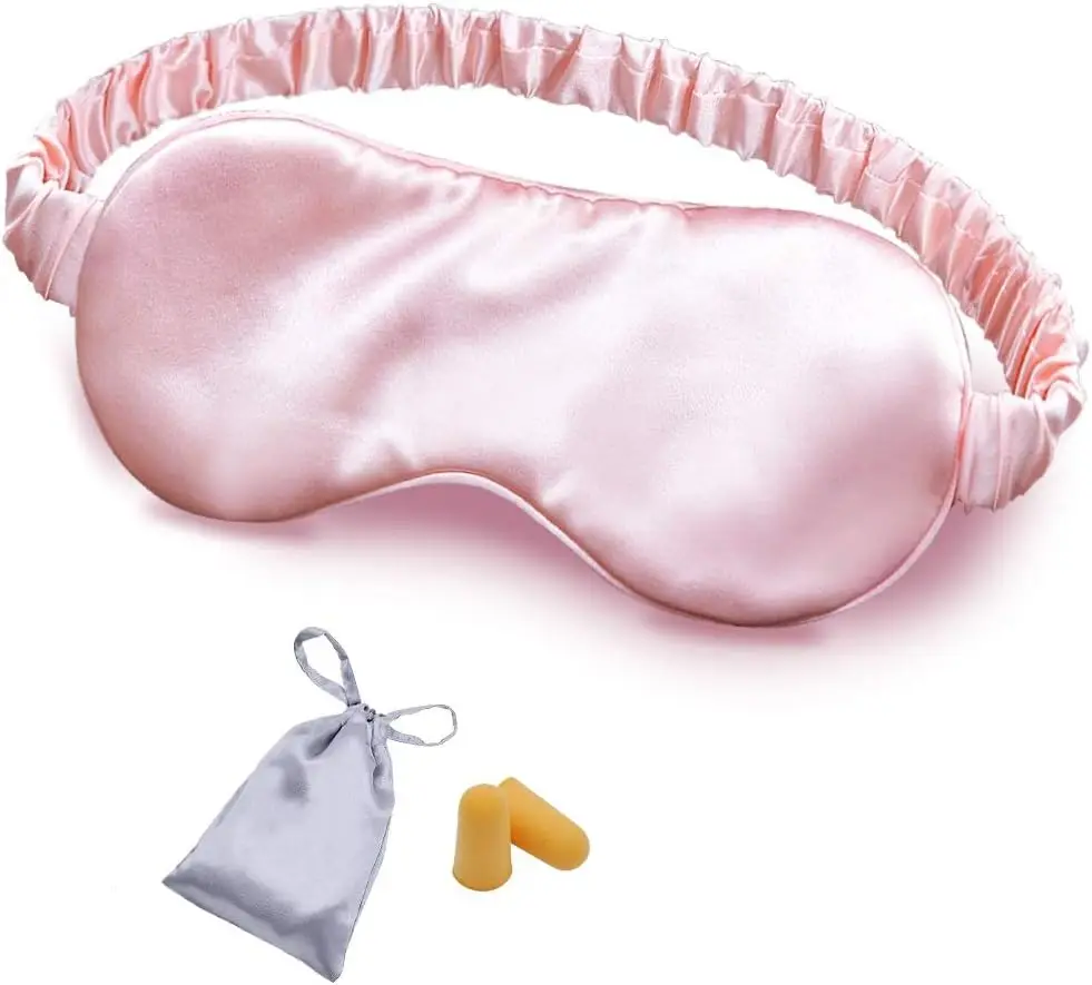 

100% Mulberry Silk Sleep Mask, Double Layer Filling, Soft Elastic Strap, Travel Eye Cover with Bag & Ear Plugs, Pink