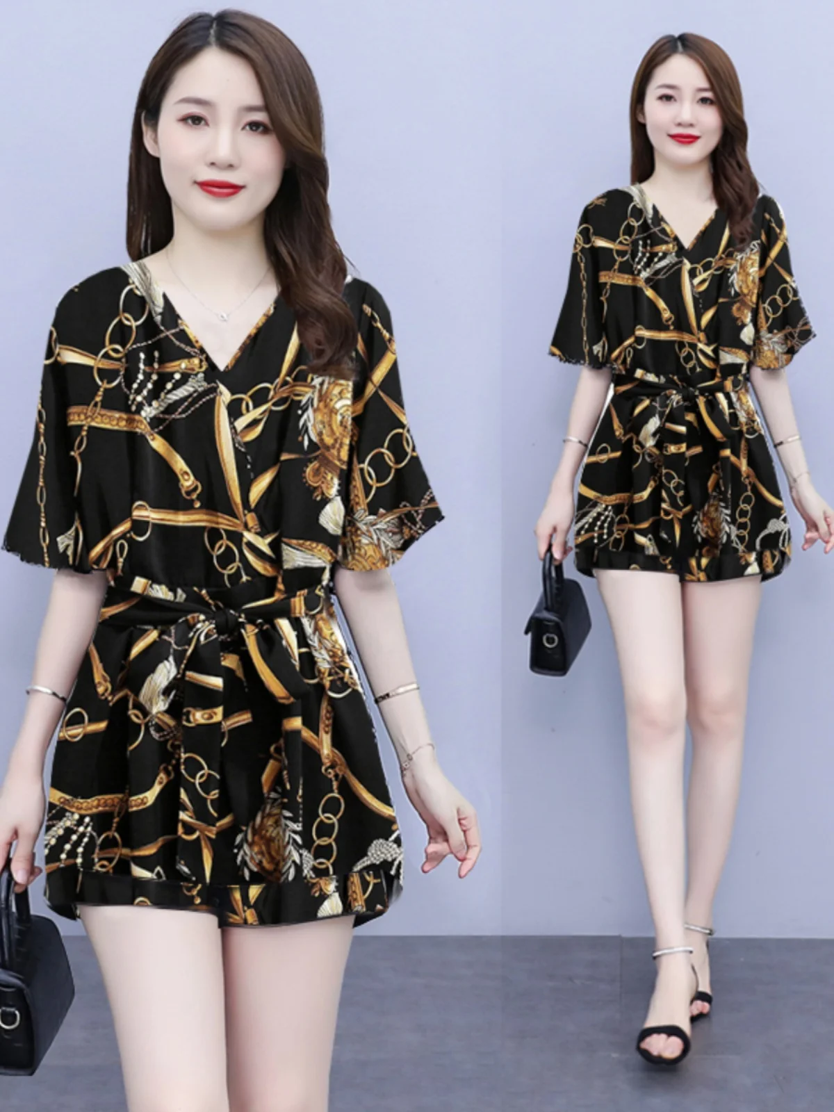 plus Size Women's Fashionable Summer Outfit Short Sleeve Chiffon Dress Slimming Top And Shorts Set for Plump MM Polyester Fabric - view 4