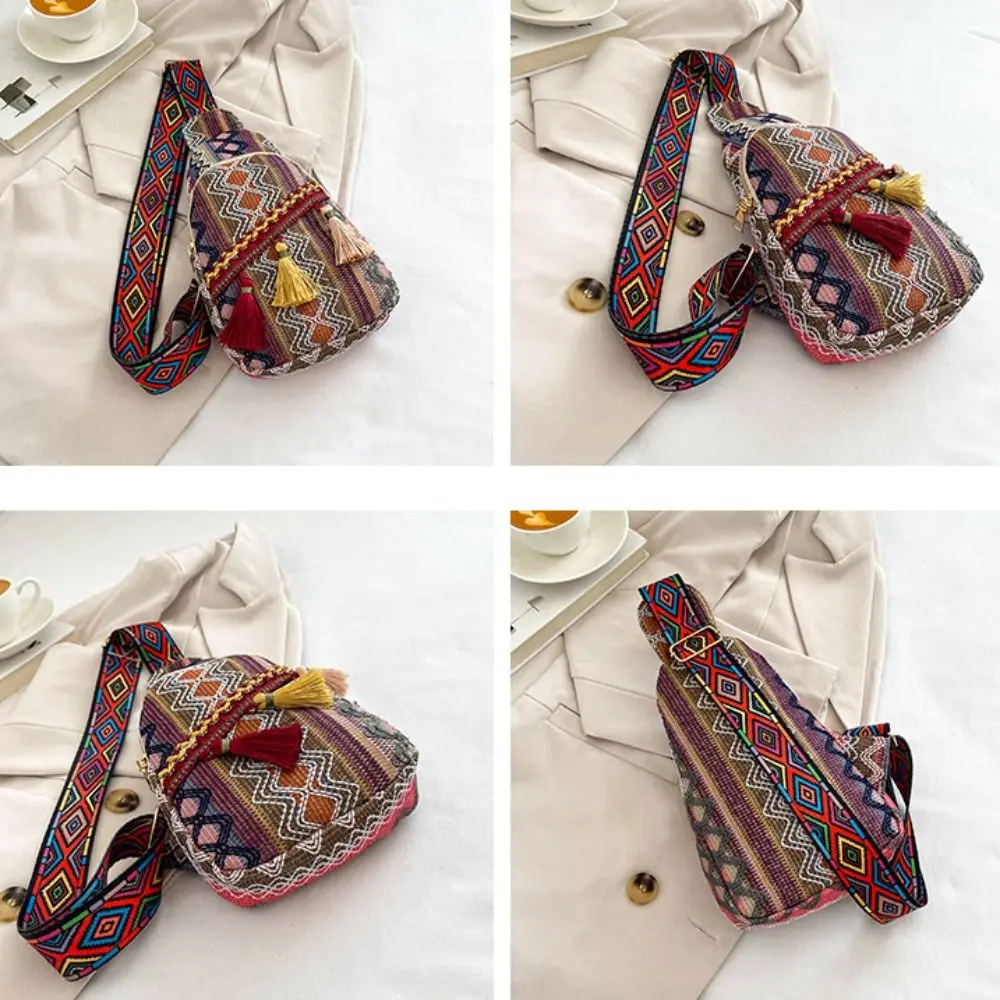 Tassel Bohemian Shoulder Bag Embroidery Colorful Ethnic Style Crossbody Bag Korean Style Woven Bag All-match Fringe Chest Bag