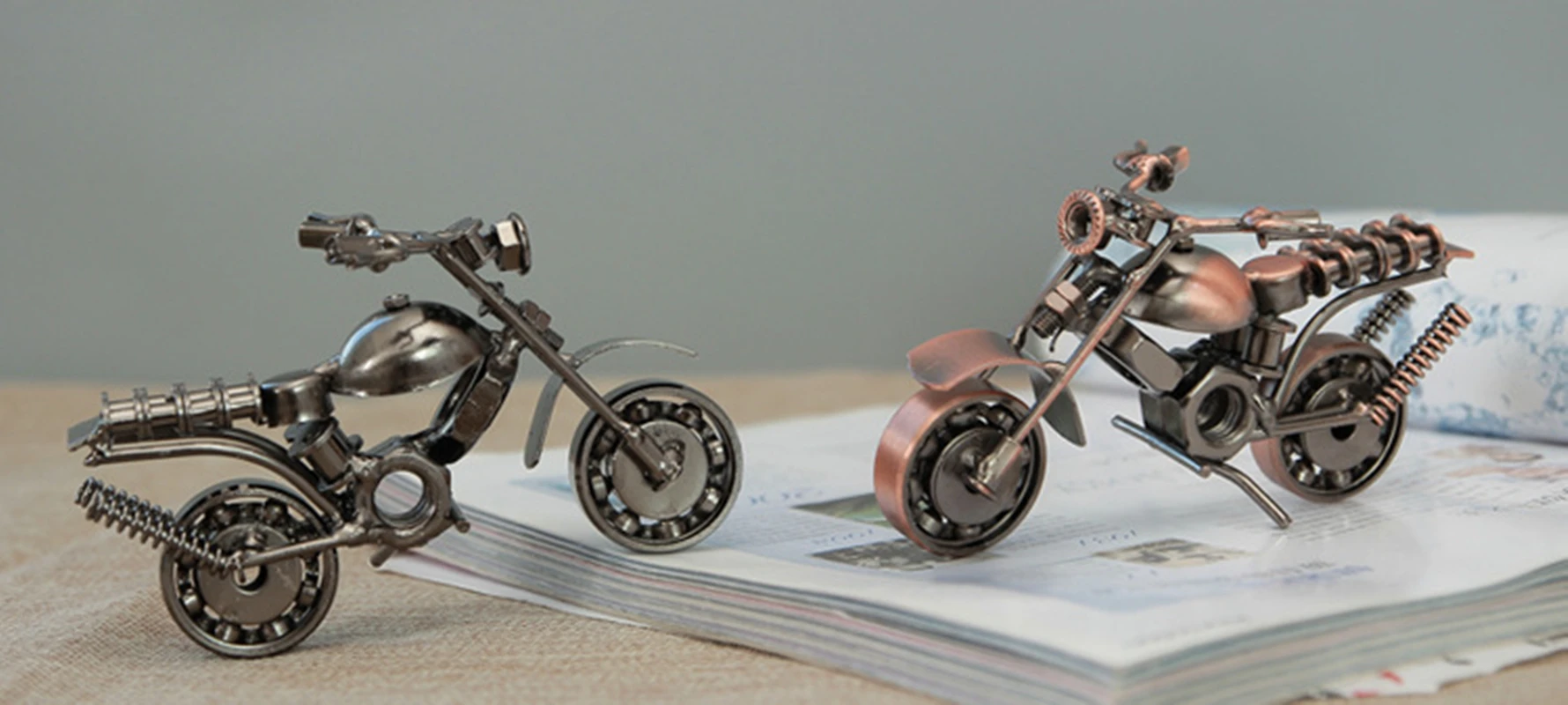 Handmade Small Bronze and Silver Motorcycle Model, Motorbike Prop, Retro Motor Figurine, Iron Boy Gift, Kid Toy, Hm Office Decor