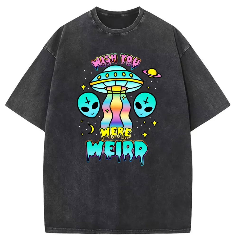 

Wish You Were Weird T-shirts Man UFO Alien Printed Long Sleeve Tee Shirt Men Unisex Washed Cotton Sweatshirts England Style Tops