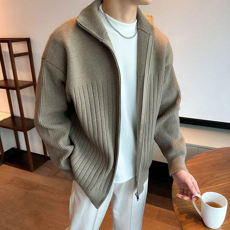 

American fashion stand-alone knitted cardigan sweater men's autumn and winter slim and handsome versatile long-sleeved jacket